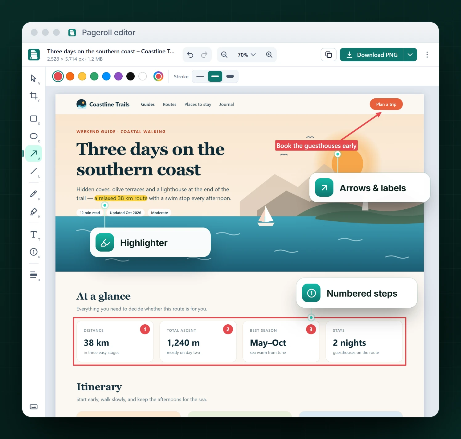 The Pageroll editor with a highlight, an arrow with a label and numbered steps