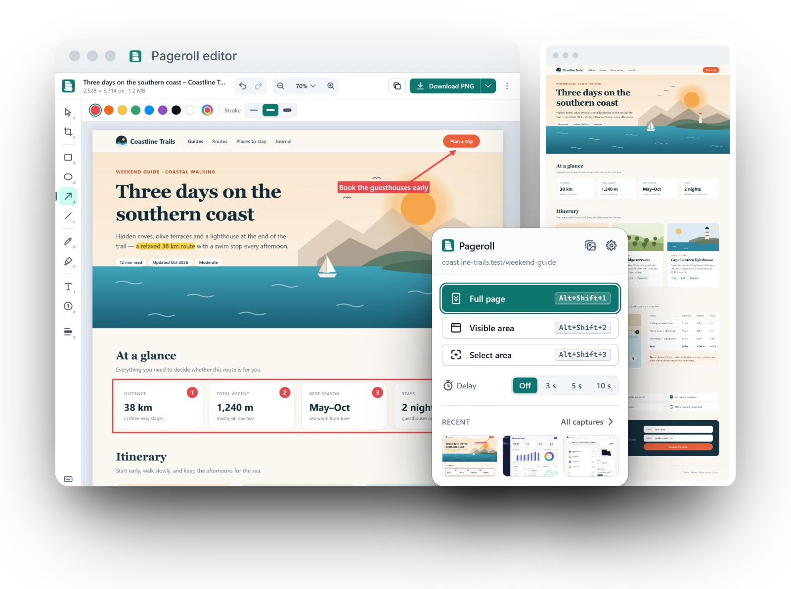 The Pageroll editor with an annotated full-page capture, the whole page as one long image, and the Pageroll toolbar menu