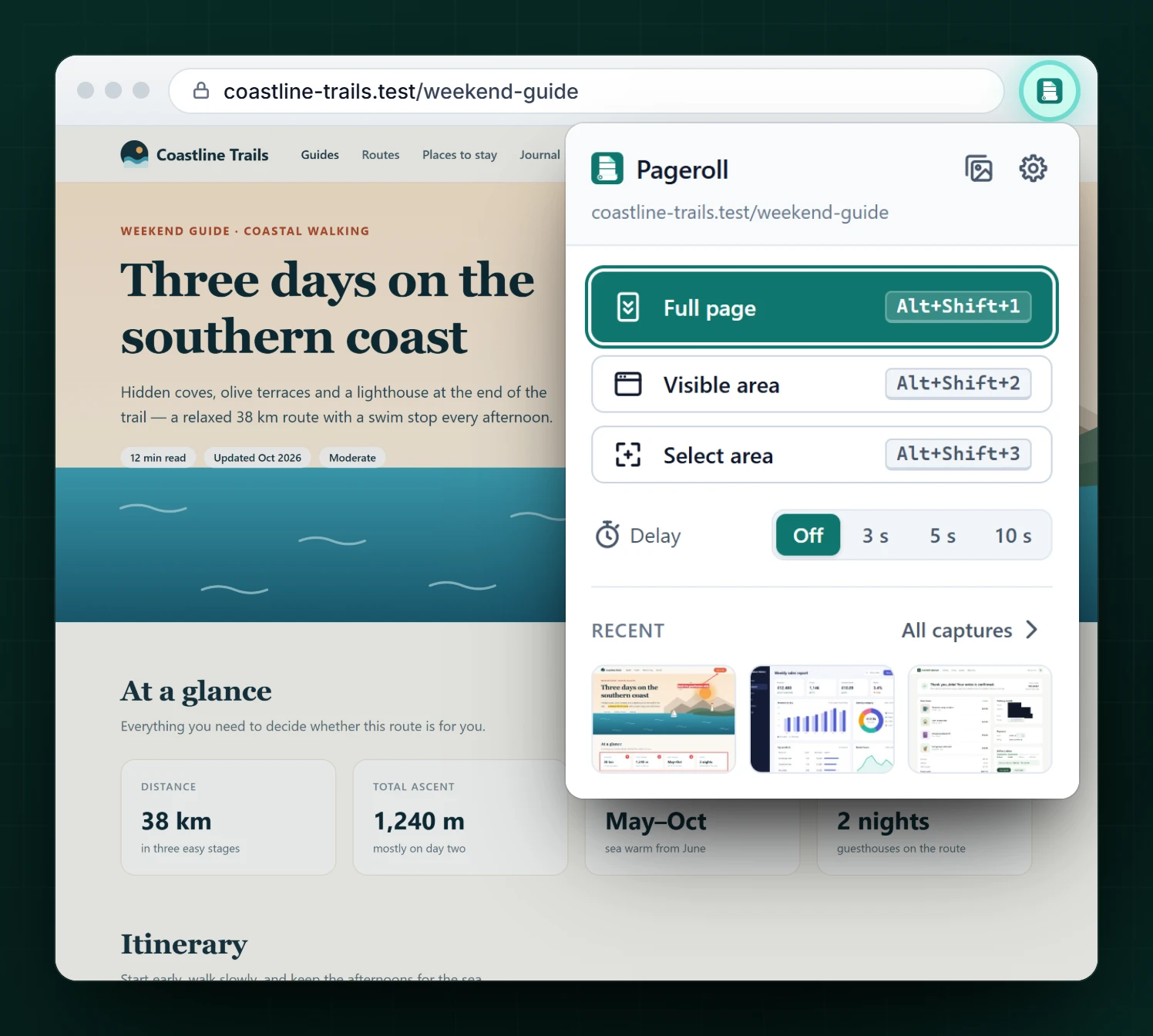 The Pageroll toolbar menu over a web page, with Full page, Visible area and Select area