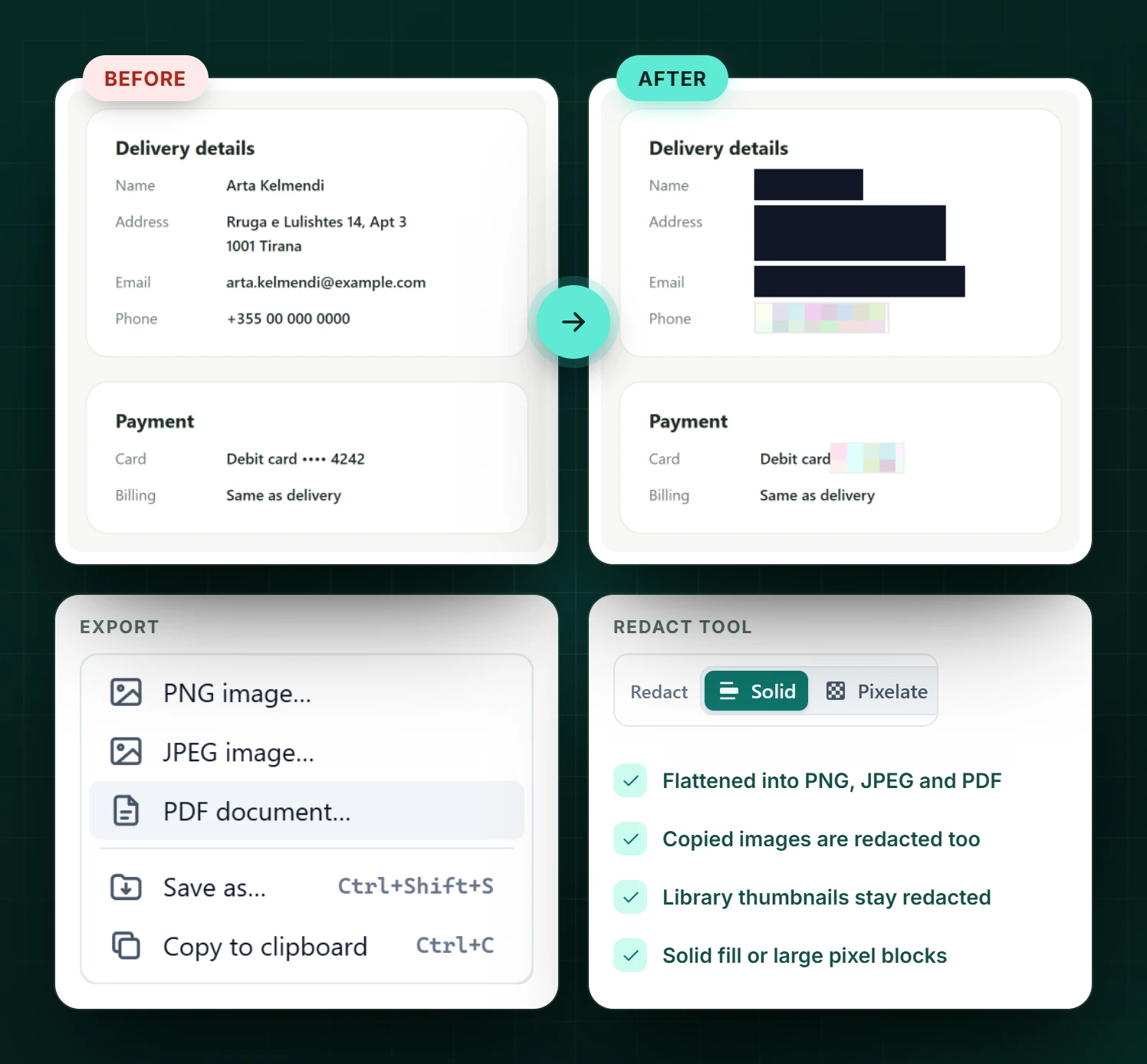 An order confirmation before and after redaction, with the export menu and the redact tool